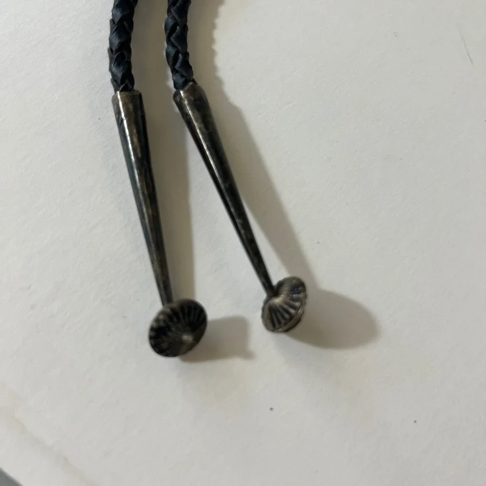 Vintage Native Navajo Sterling Silver Turquoise Bolo Tie Leather Signed